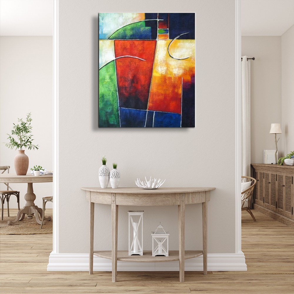 Peinture abstraite cubisme PEINTURE ABSTRAITE CUBISME MULTICOLORE ACCROCHÉ SUR UN MUR DANS UN SALON.