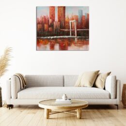 PEINTURE NEW-YORK SEPIA VUE SUR LA MER, ACCROCHE SUR UN MUR DANS UNE MAISON