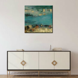 Tableau contemporain abstrait peint au pinceau avec effets au couteau. Bonne qualité, très original, accrochée sur un mur au-dessus d'une table dans une maison