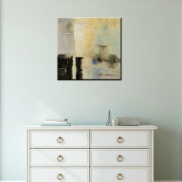 Peinture abstraite beige gris noire, bonne qualité, très original, accrochée sur un mur au-dessus d'une table dans une maison
