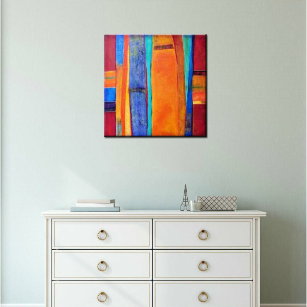 Peinture abstraite orange bleue, création art-déco, Bonne qualité, très original, accrochée sur un mur au-dessus d'une table dans une maison.