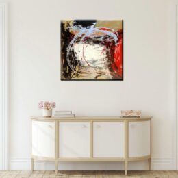 Peinture abstraite beige rouge bleu blanc. Bonne qualité, très original, accrochée sur un mur au-dessus d'une table dans une maison