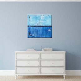 Peinture toile abstraite bleu ciel et bleu foncé. Bonne qualité, très original accrochée sur un mur au-dessus d'une table dans une maison