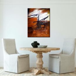Peinture abstraite noir orange moderne. Bonne qualité, très original accrochée sur un mur au-dessus des chaises et une table dans une maison