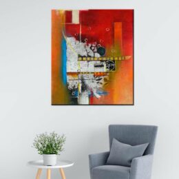 Peinture abstraite moderne. Bonne qualité, très original, accrochée sur un mur au-dessus d'une chaise et une table dans une maison