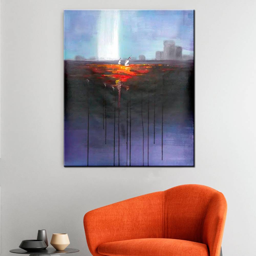 Peinture abstraite violet et bleu Peinture abstraite violet et bleue. Bonne qualité, très original, accroché sur un mur au-dessus d'un canapé orange dans un salon.