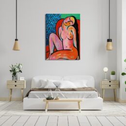 PEINTURE PICASSO FEMME NUE. BONNE QUALITÉ ET TRÈS ORIGINALE, ACCROCHÉ SUR UN MUR AU-DESSUS D'UN LIT DANS UNE MAISON