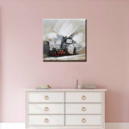 Tableau xxl abstrait beige blanc effets noirs et rouges, Bonne qualité, très original, accrochée sur un mur au-dessus d'une table blanc dans une maison.