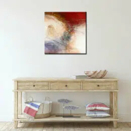 Peinture toile abstraite grise bordeaux carrée. Bonne qualité, très original accrochée sur un mur au-dessus d'une table dans une maison.