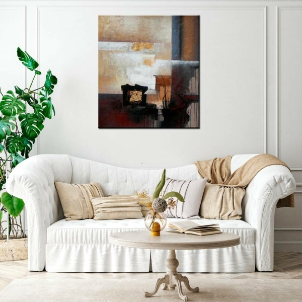 Peinture abstraite marron. Bonne qualité, très original, accrochée sur un mur au-dessus d'un canapé dans une maison