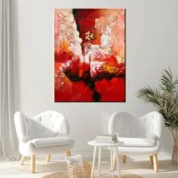 Peinture abstraite rouge dégradé. Bonne qualité, très original, accrochée sur un mur au-dessus des canapés dans une maison.