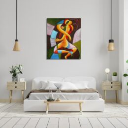 PEINTURE CUBISTE COUPLE ENLACÉ MULTICOLORE, ACCROCHE SUR UN MUR AU-DESSUS D'UN LIT DANS UNE MAISON