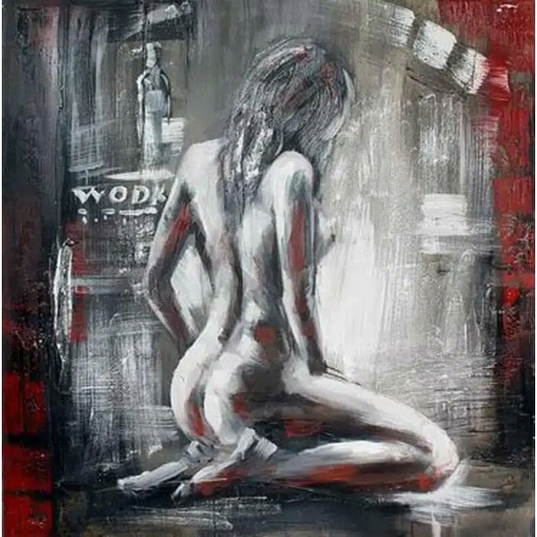 Tableau noir & blanc d'une femme nue à genou assise sur ses talons de dos, les cheveux mi-long sur fond gris, noir avec les côtés rouge