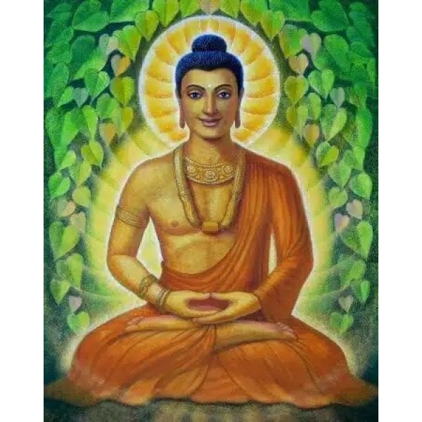 Tableau bouddha vert assis en tailleur habillé d'un ensemble marron avec les mains posées devant son ventre