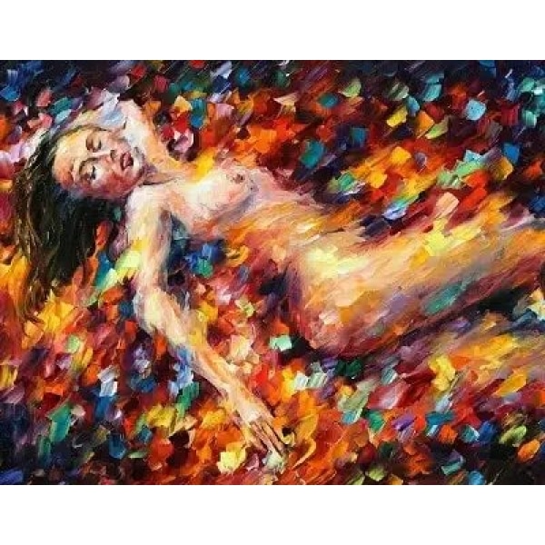 Tableau d'une femme nue allongée avec un bras derrière la tête, la jambe droite passant la jambe gauche, peint au couteau avec des couleurs vives