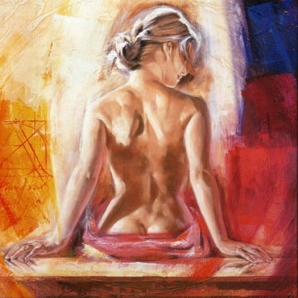 Tableau avec des tons chauds, rouge et jaune, d'une femme de dos nue, les cheveux attachés, les fesses posées contre une table et les mains appuyées de chaque côté