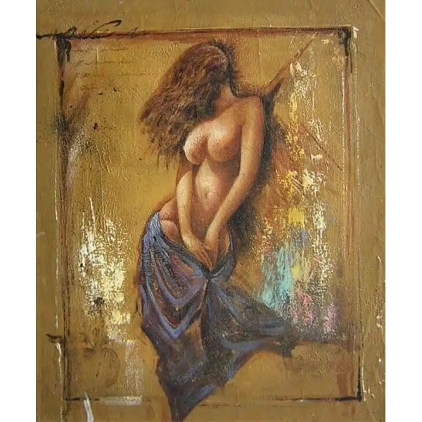 Tableau aux couleurs chaudes d'une femme nue avec un drap qui couvre le bas de ses jambes, la tête tournée et ses cheveux qui couvrent son visage