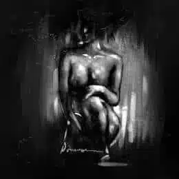 Tableau noir et blanc d'une femme nue accroupie