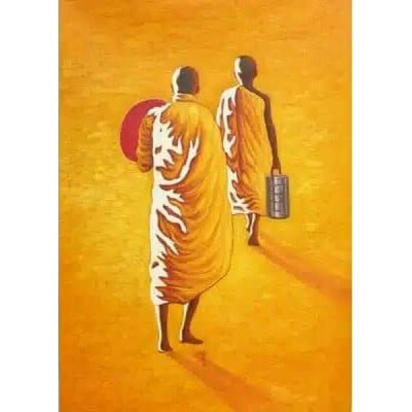 Tableau couleurs chaude orange, 2 moines marchant de dos, le deuxième avec une ombrelle et le premier un sac dans la main droite