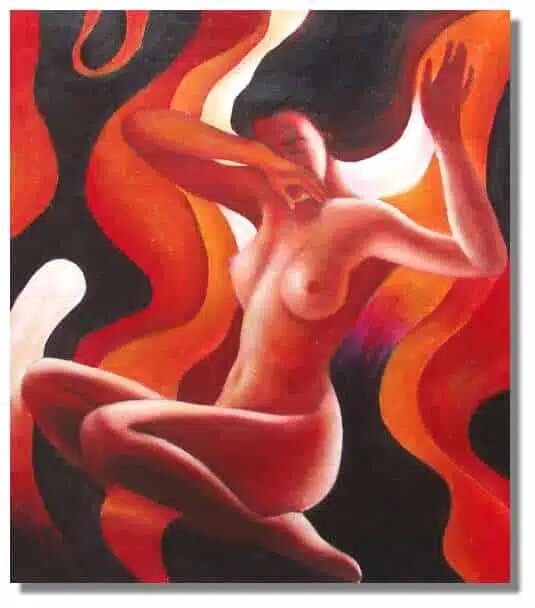 Tableau femme nu décor abstrait Tableau d'une femme nue, les bras levés, la main droite sur le visage, les jambes pliées