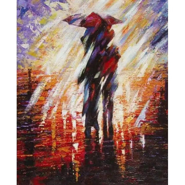 Tableau d'un couple en promenade sous un parapluie