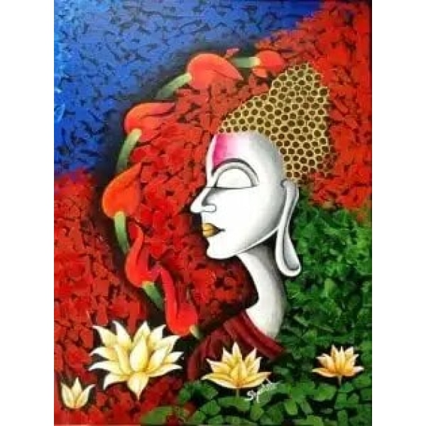 Tableau tête de bouddha de profil dans des couleurs chaleureuses de rouge, bleu foncé et fleur de lotus jaune pâle