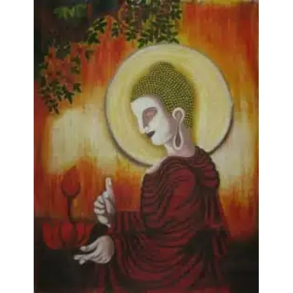 Tableau de bouddha de profil dans les tons rouge, noir, beige