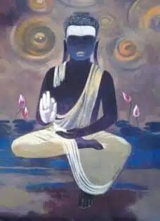 Peinture bouddha bleu Tableau bouddha assis en tailleur avec un voile beige sur couleurs tons bleu