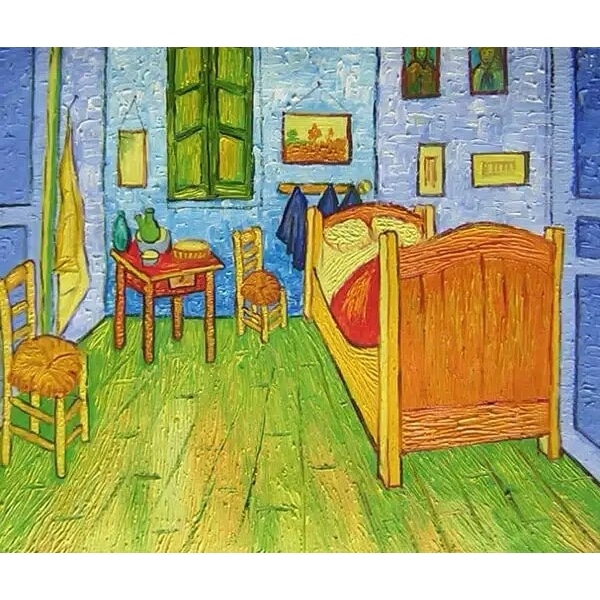 Tableau qui représente une chambre avec un lit sur la droite, une chaise à gauche et une table de chevet et une autre chaise en bois à gauche du lit. Une fenêtre et des cadres au mur