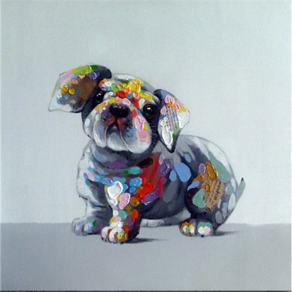 Tableau style pop art d'un petit chien aux couleurs gris, bleu, jaune