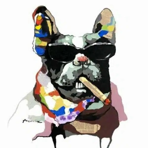 Tableau d'un bouledogue avec des lunettes et un cigare dans un style pop art