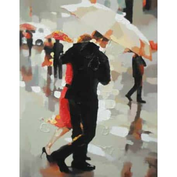 Tableau d'un couple de côté marchant sous un parapluie, la femme porte une robe rouge et l'homme un costume noir