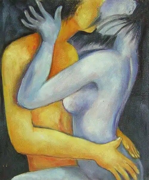 Peinture baiser couple nu Tableau d'un couple s'embrassant la femme à droite dans les couleurs bleue, gris et l'homme à gauche dans les couleurs jaune, orangé