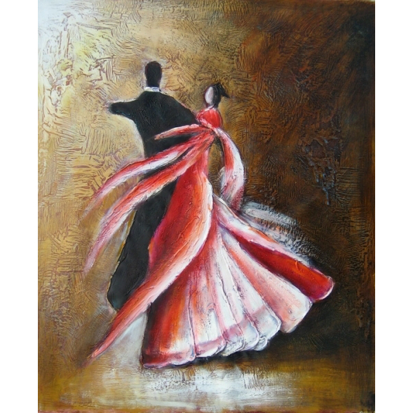Tableau d'un couple de danseur l'homme est habillé en noir et est de dos, la femme est de biais avec une robe à volants