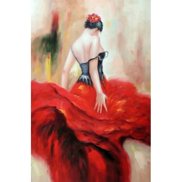 Tableau d'une danseuse de flamenco de dos avec une jupe à volant rouge et un bustier noir
