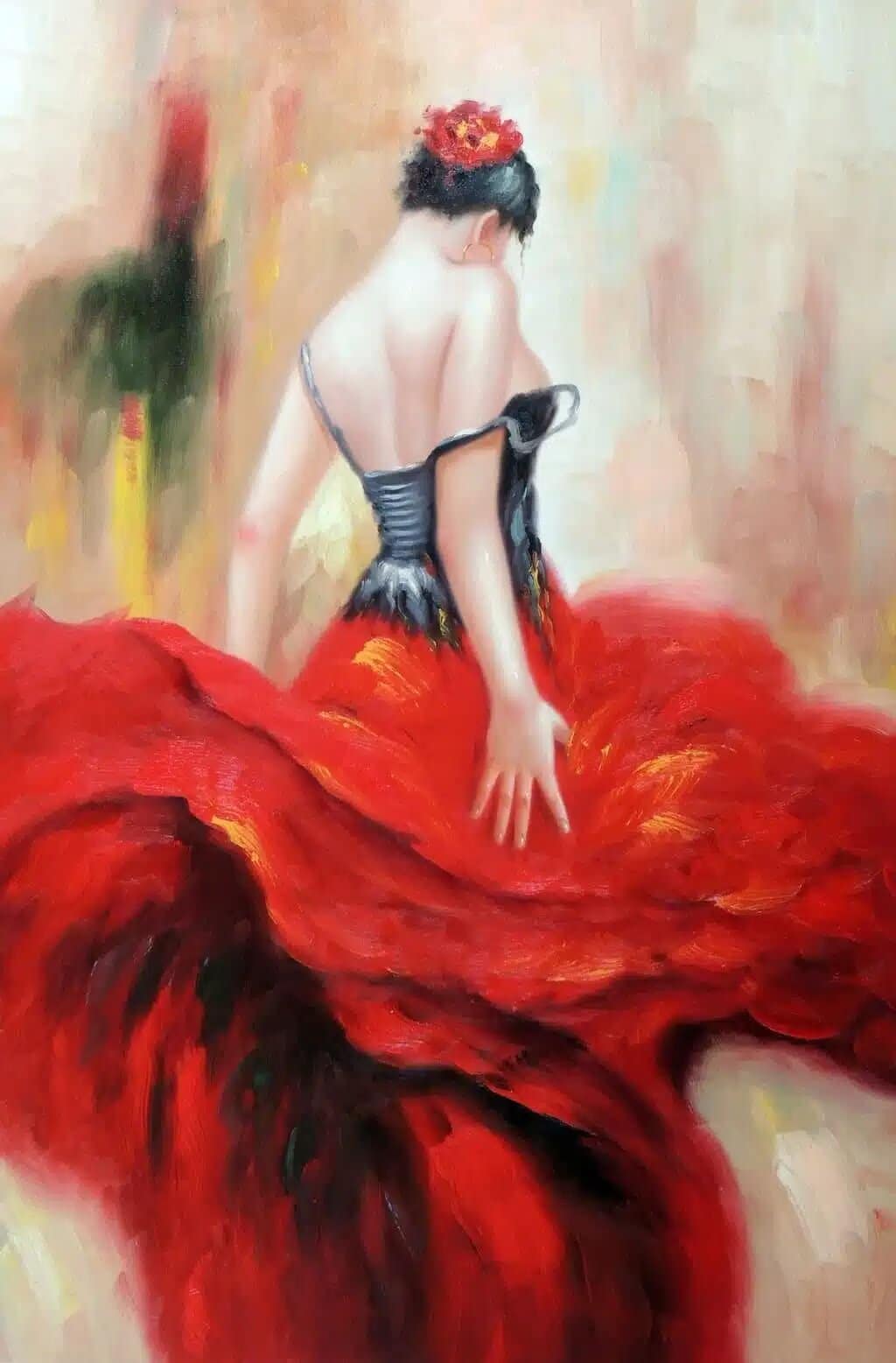 Tableau peinture danseuse de flamenco Tableau d'une danseuse de flamenco de dos avec une jupe à volant rouge et un bustier noir