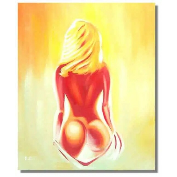 Tableau femme blonde nue de dos dans un fond jaune