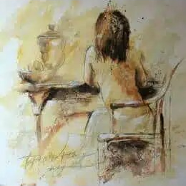 Tableau d'une femme brune, dos nue, assise à une table