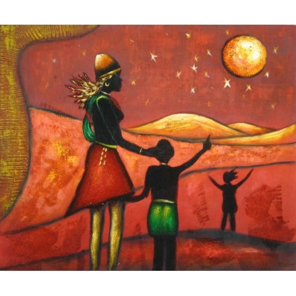Tableau d'un paysage rouge avec une femme et un enfant qui salue une personne au loin