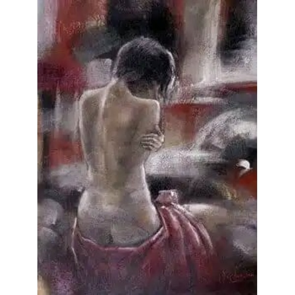 Tableau mélange de couleurs rouge, gris, noir d'une femme de dos se serrant dans les bras