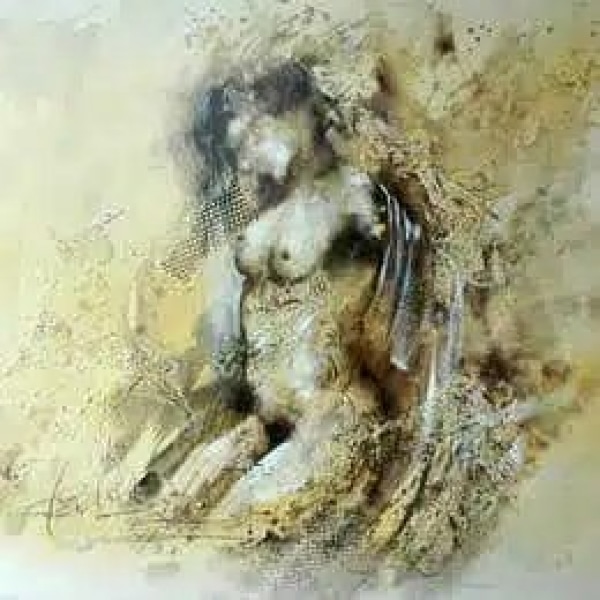 Tableau femme nue peinture abstraite, mélange de verts, gris, beige.
