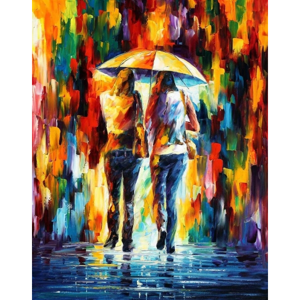 Tableau multicolore de 2 femmes de dos, sous un parapluie