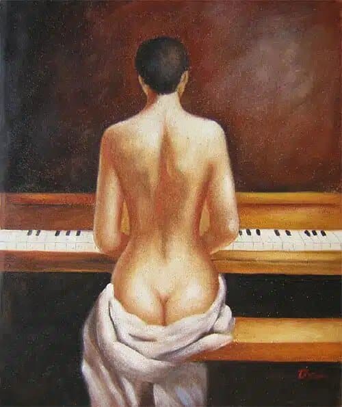 Peinture femme nue au piano Tableau d'une femme brune cheveux attachés, assise devant un piano, avec un drap sur les jambes