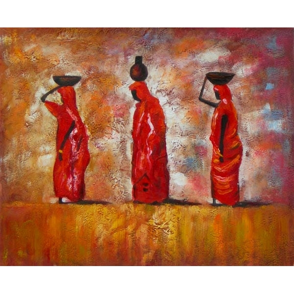 Tableau de 3 femmes africaines portant des corbeilles sur la tête dans un décor désert aux tons oranges, rouges