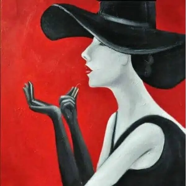 Tableau d'une femme avec un chapeau de profil faisant semblant de se mettre du rouge à lèvre