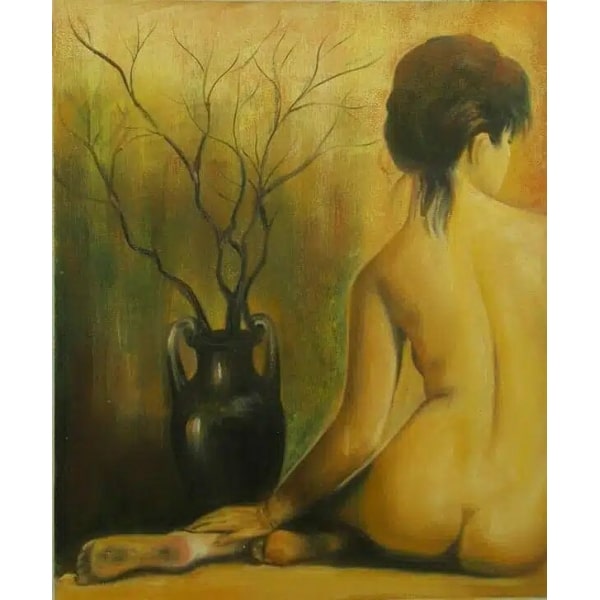 Tableau femme nue de dos assise sur le côté droit avec un vase noir avec des branches devant elle