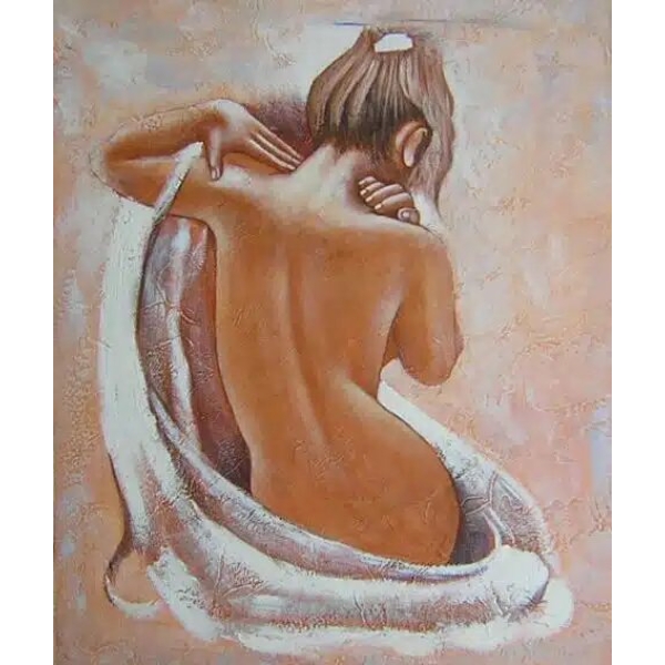 Tableau femme nue assise les bras levés avec drap blanc