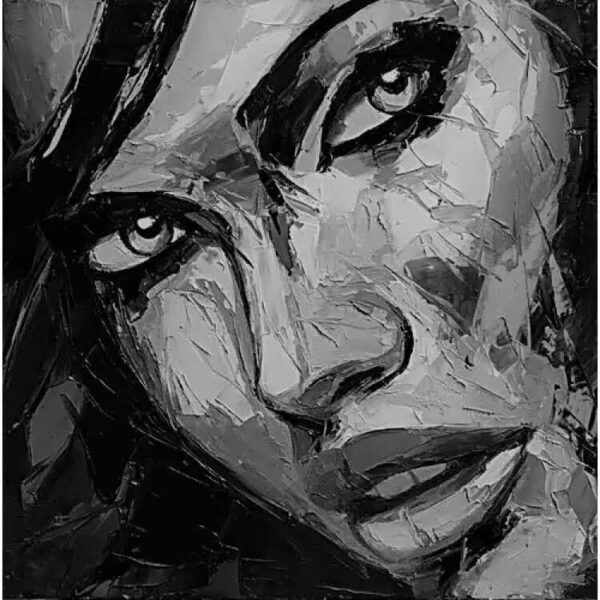 Tableau noir et blanc du visage d'une femme au regard poignant