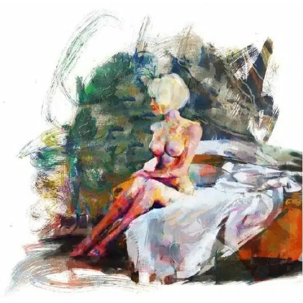 Tableau d'une femme nue aux cheveux blond au carré, la tête tournée, assise sur le rebord du lit défait, les jambes serrées sur le côté, la tête de lit est peinte à grand coup de pinceau en vert foncé