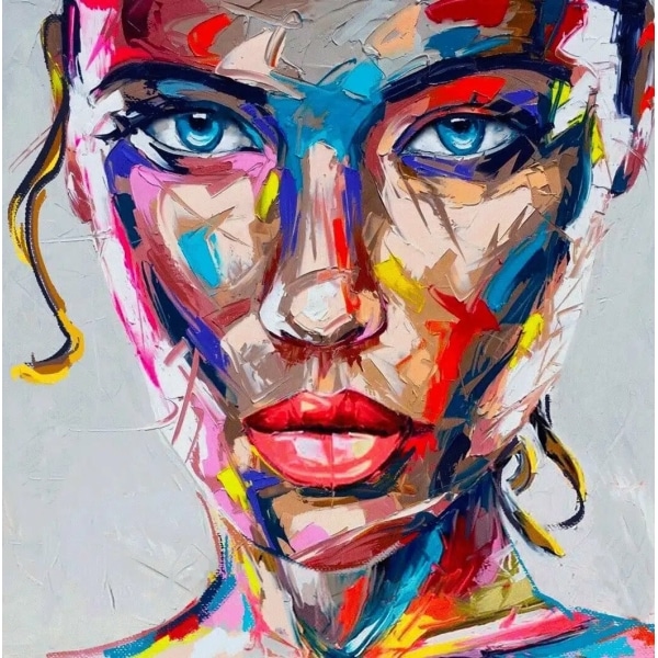 Tableau style pop art aux couleurs vives sur le visage d'une femme aux cheveux attachés avec des mèches qui dépassent dans le cou et sur le côté droit de son visage